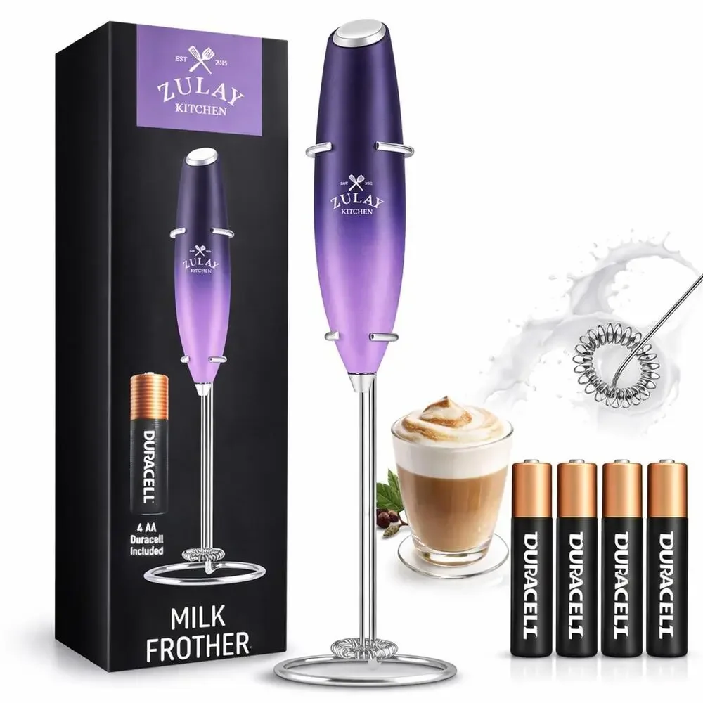 Zulay Kitchen Milk Frother Purple Gradient Handheld Coffee Mixer +4Duracell Batt